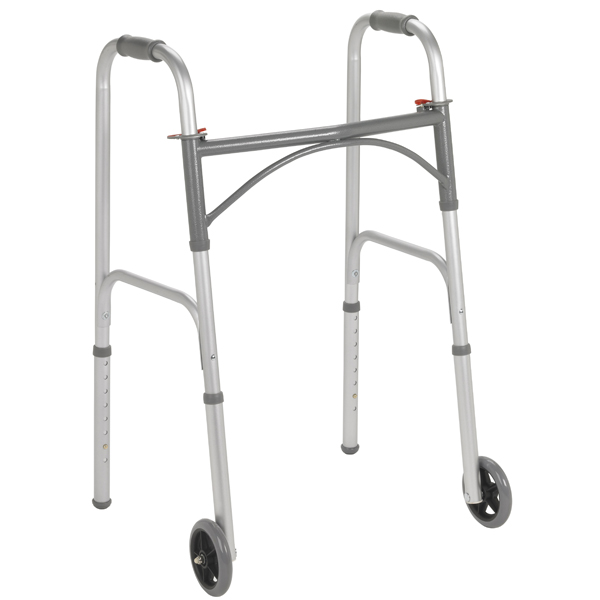 Two Button Folding Steel Walker with 5 Inch Wheels - Click Image to Close